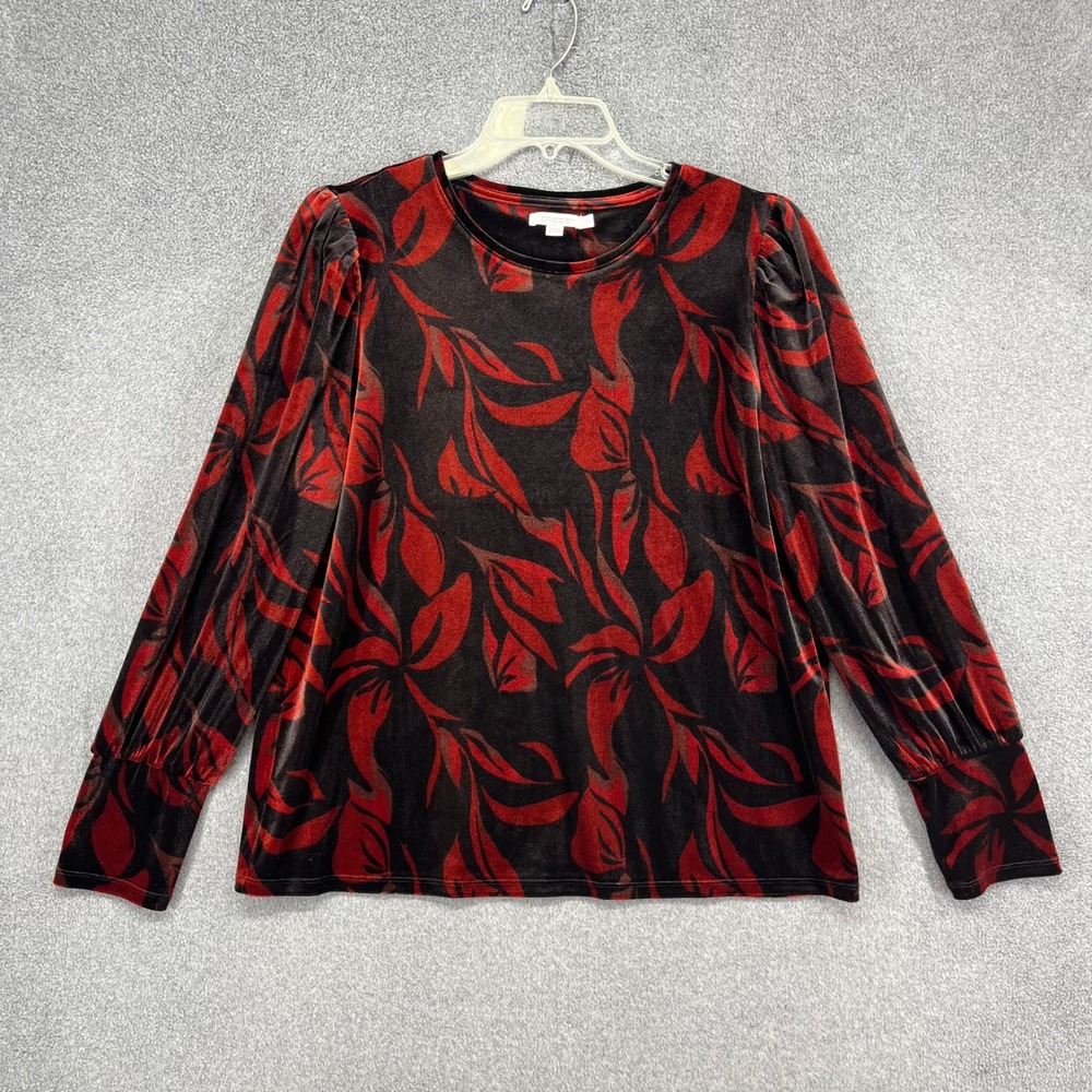 Chico's Velvet Top Women Size 2 L Red Black Abstract Leaf Puff Sleeve Holiday